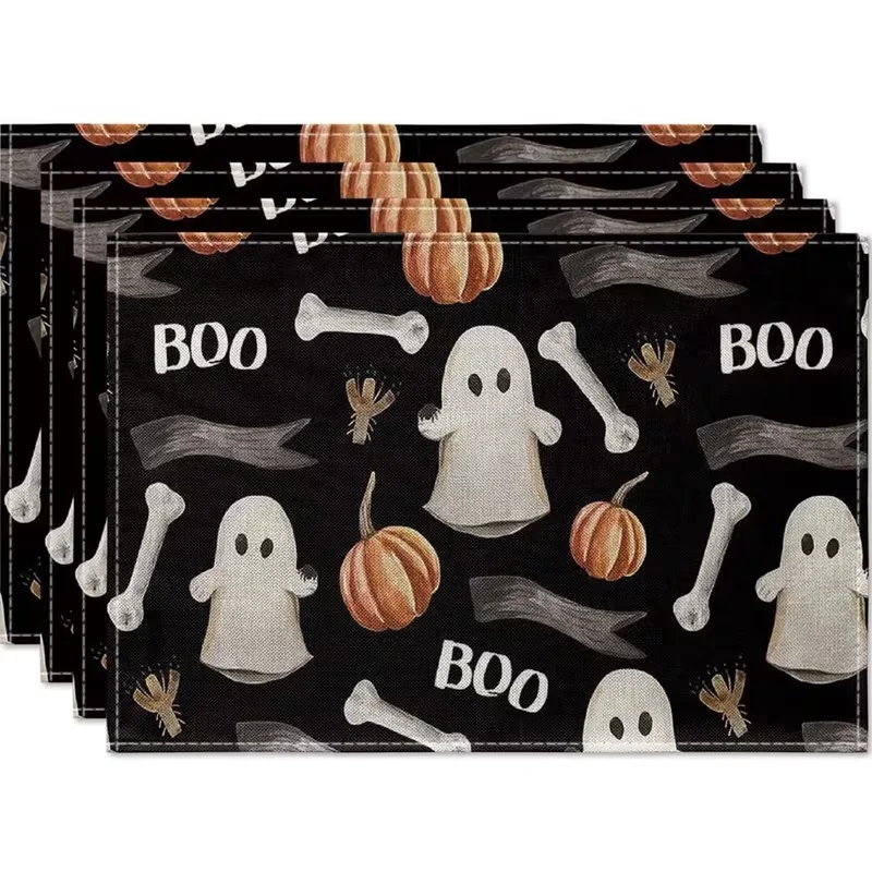 Halloween Striped Pumpkin Linen Placemats, Bat Border Printed Table Mats, Spooky Fall Dining Decoration
