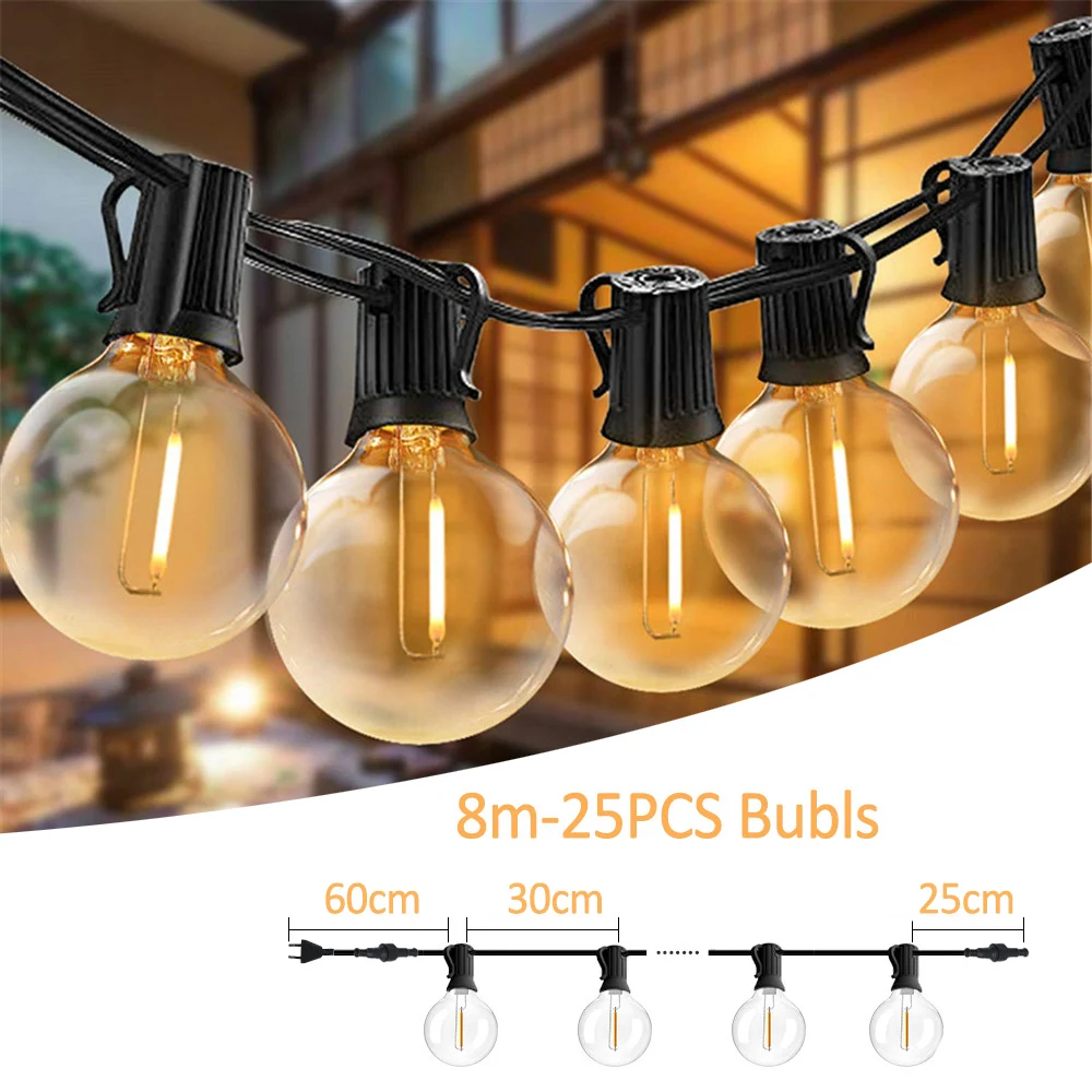 Commercial Grade G40 Globe String Lights, 8M Cable, 30cm Bulb Spacing, Connectable Design with 5.0V Output for Outdoor Patios