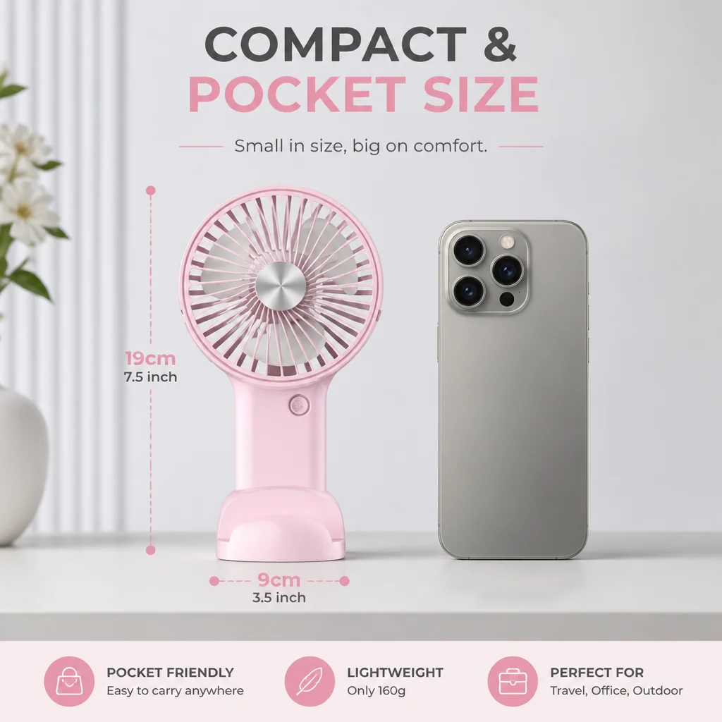 2-in-1 Mini Portable Fan USB Rechargeable Handheld Desk Fan with Phone Base Stand 3 Speeds Quiet Cooler for Travel Home