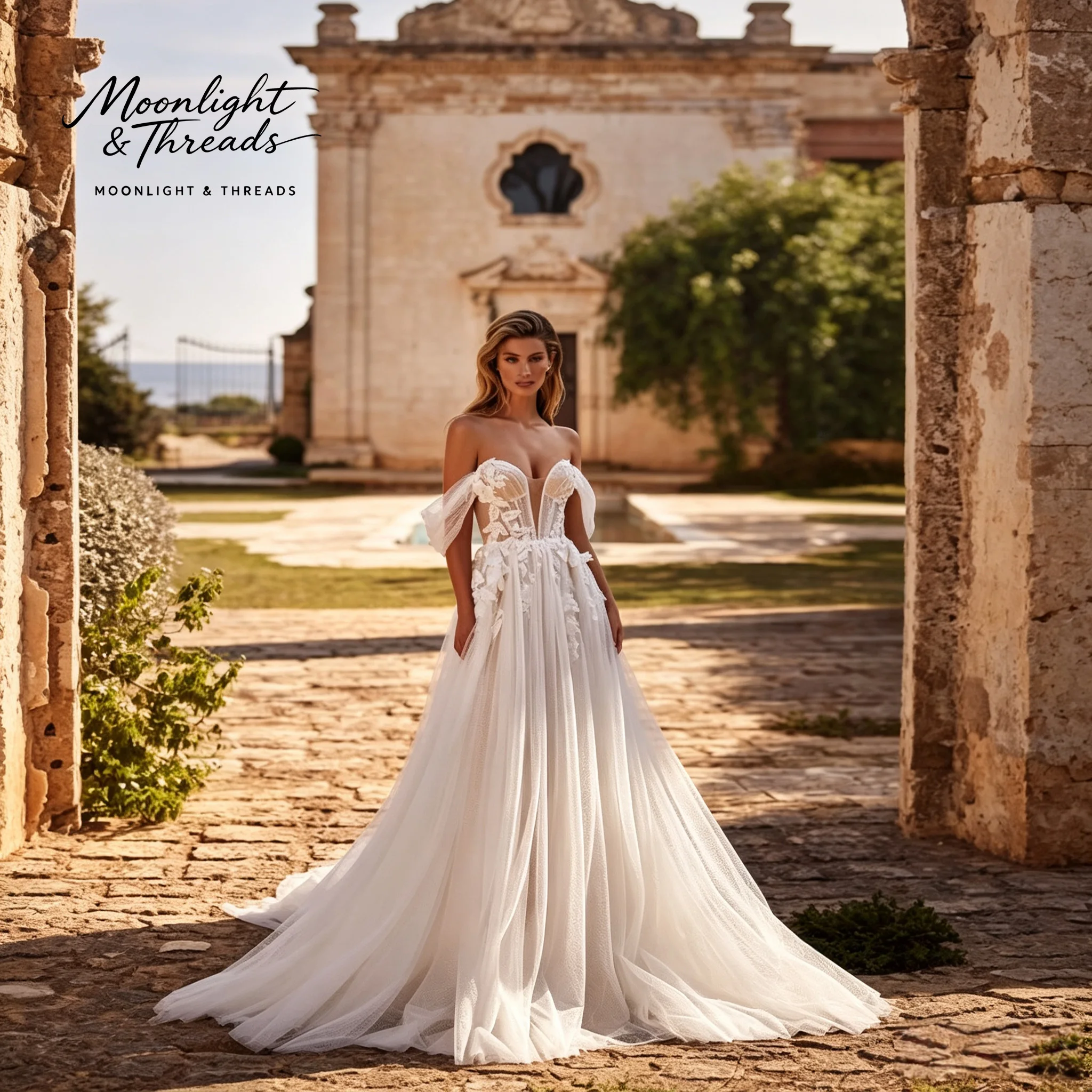 Ivory off-the-shoulder strapless A-line floor-length formal wedding gown featuring appliqués and a boned bodice