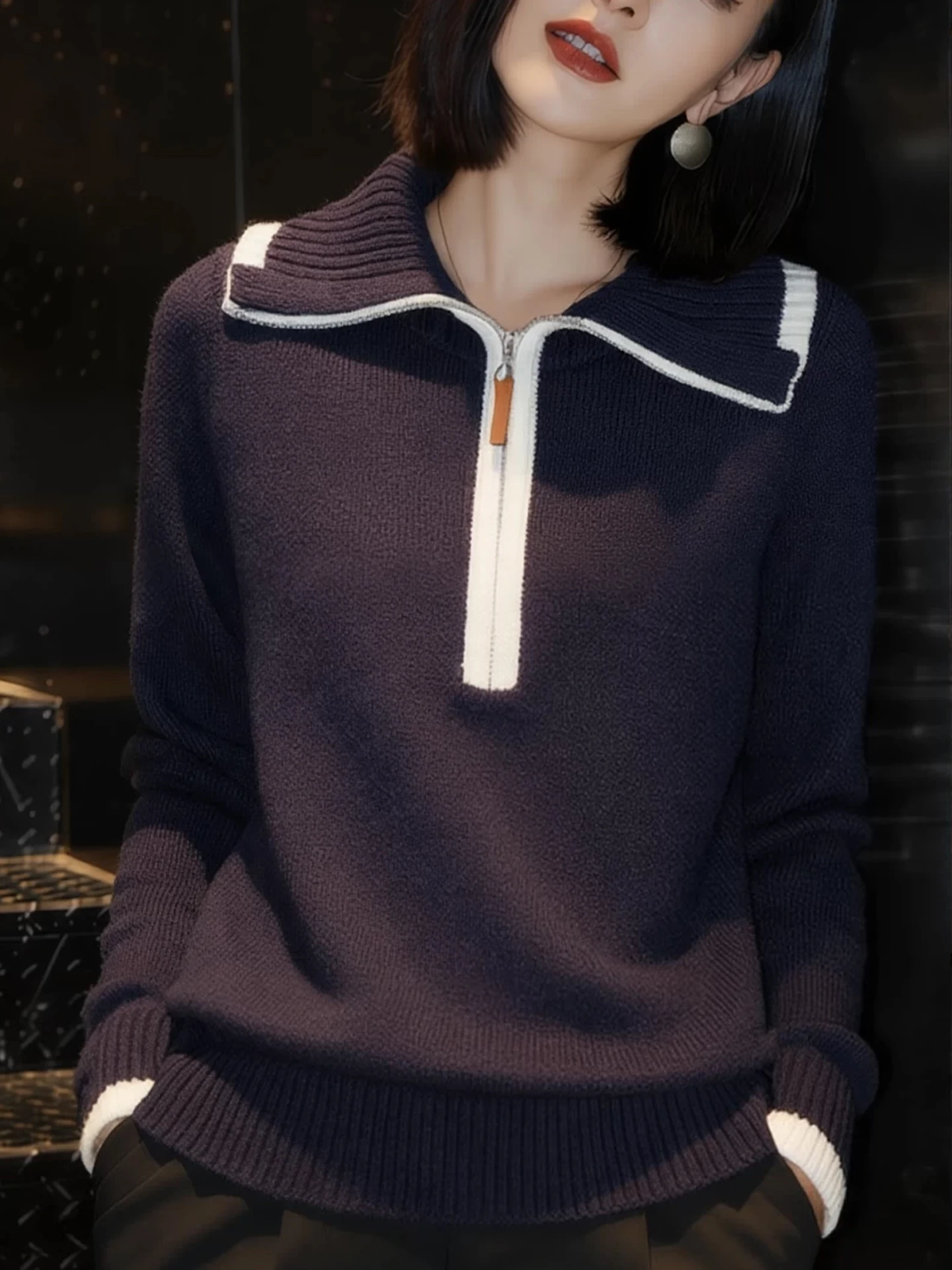 Design Sensation f Zip Color Blo Camere Knitwear Long Sve Women's Faionable Versatile Crew Ne Winter Top