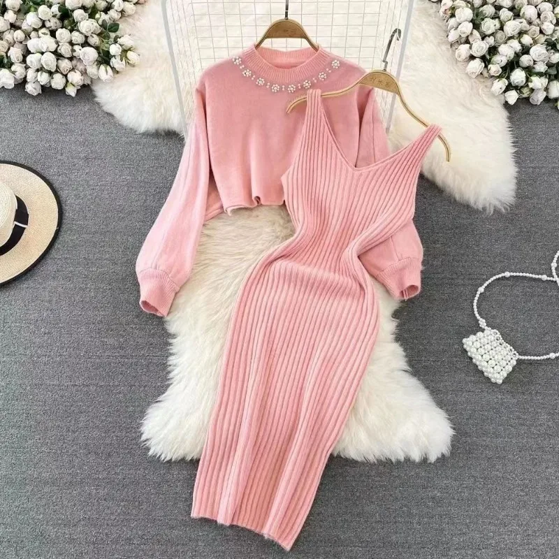 Two piece base knitted dress autumn and winter new mid to long style hip hugging knitted dress set sweater inner layer