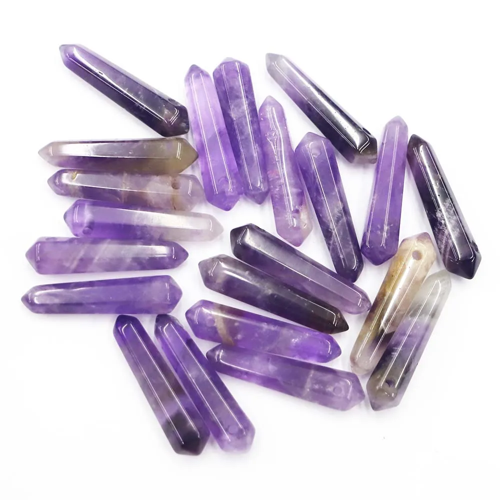 

Natural Stone Amethyst Crystal Pillar Hexagon Column Perforated Necklace Pendants Charms DIY Jewelry Accessories Wholesale 12Pcs