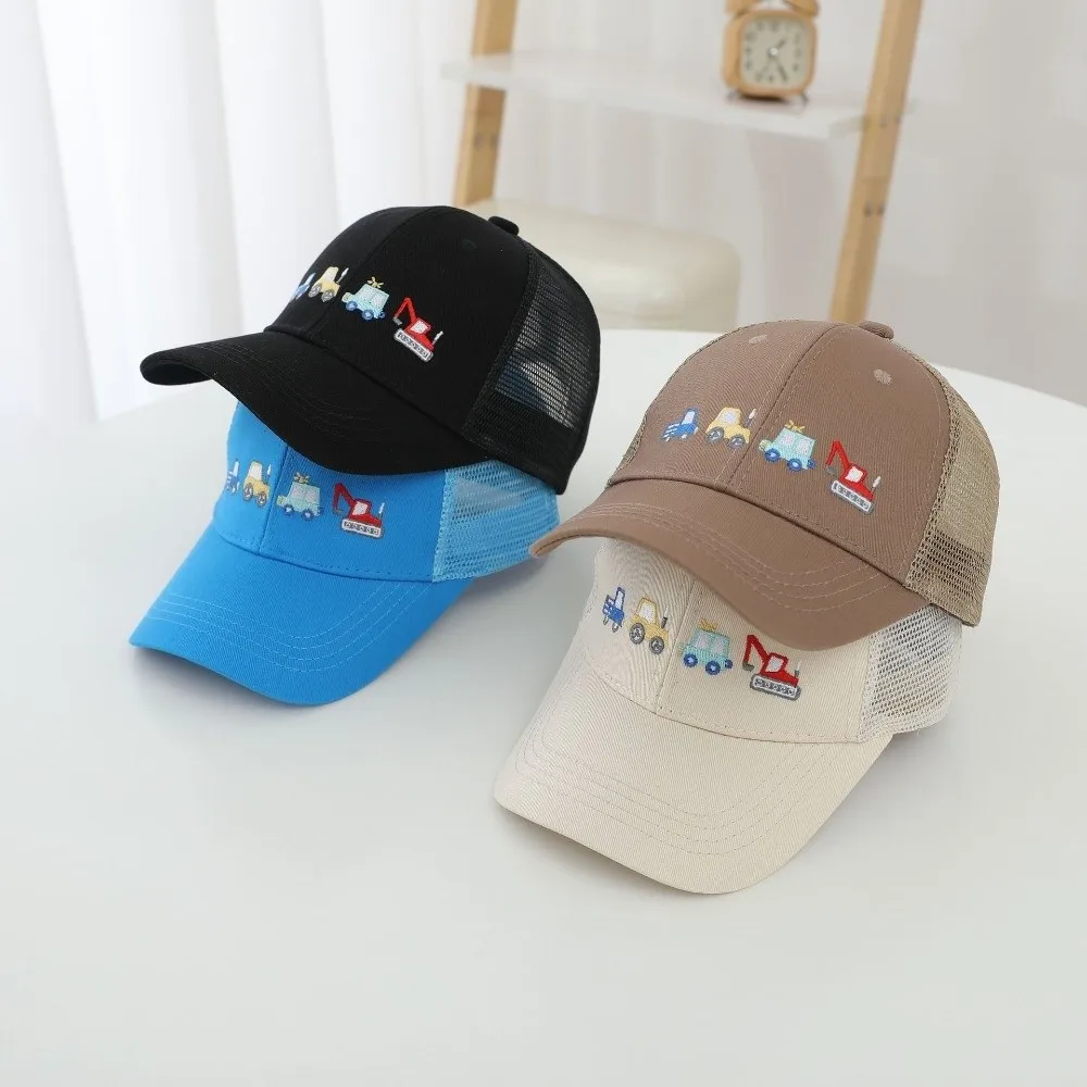 New Cartoon Car Excavator Embroidered Children's Baseball Caps Mesh Breathable Sun Hats Casual Duck Tongue Hat Outdoor