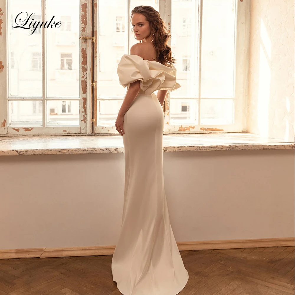 Liyuke Customize Made Luxury Pleats Satin Mermaid Wedding Dress Elegant Style Off The Shoulder Floor-length Trumpet Bridal Gowns