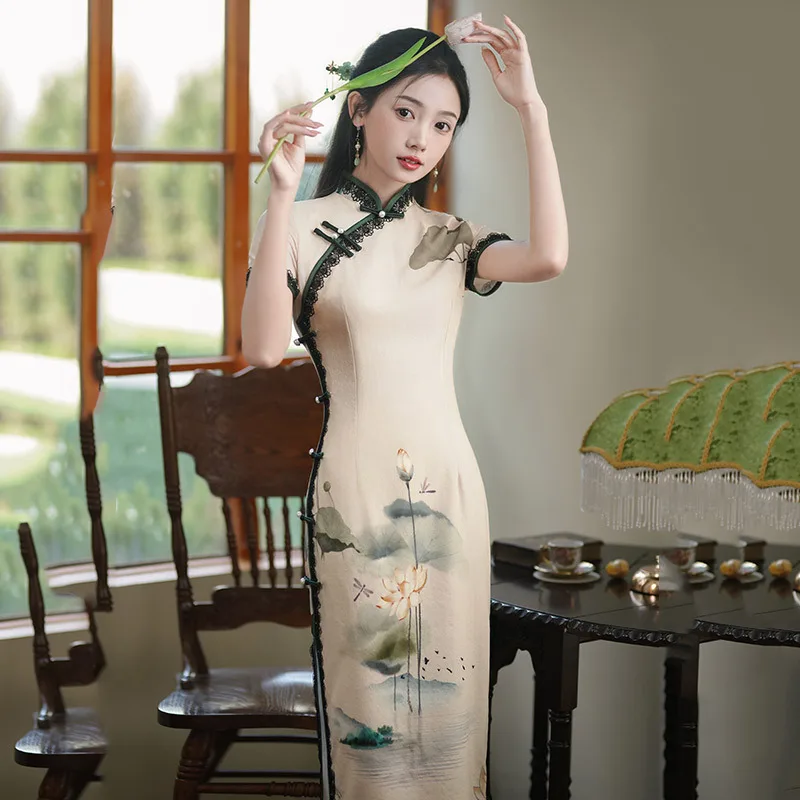 

Plus Size Beige Floral Cheongsam Short Sleeve Vintage Short Dress Slim Women Party Costumes Improved Qipao M To 4XL