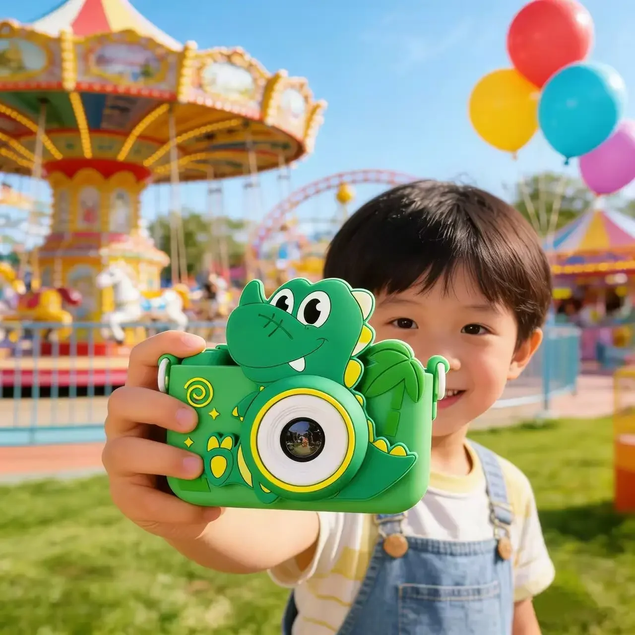 かわいい緑色の恐竜型slrキッズhdカメラ、ポータブル屋外ミニデジタルおもちゃ、写真とビデオ録画機能付き、教育用漫画カメラ