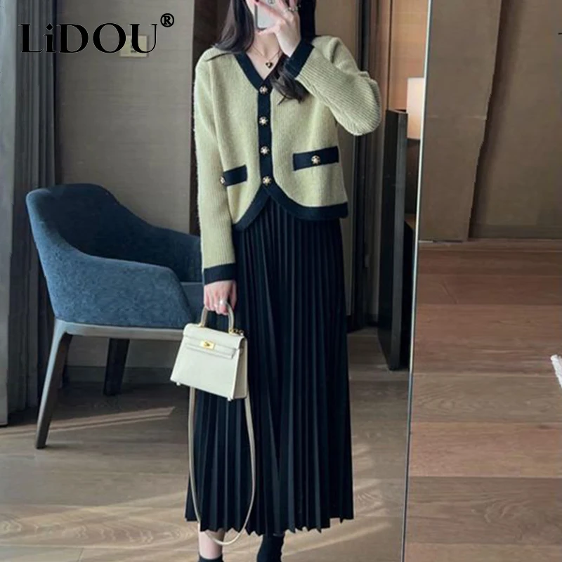 

Autumn Winter Women's Elegant Fashion Butotns Knitting Coat Black Pleated Skirt Set Ladies Casual Cardigan Sweater Skirts Suit