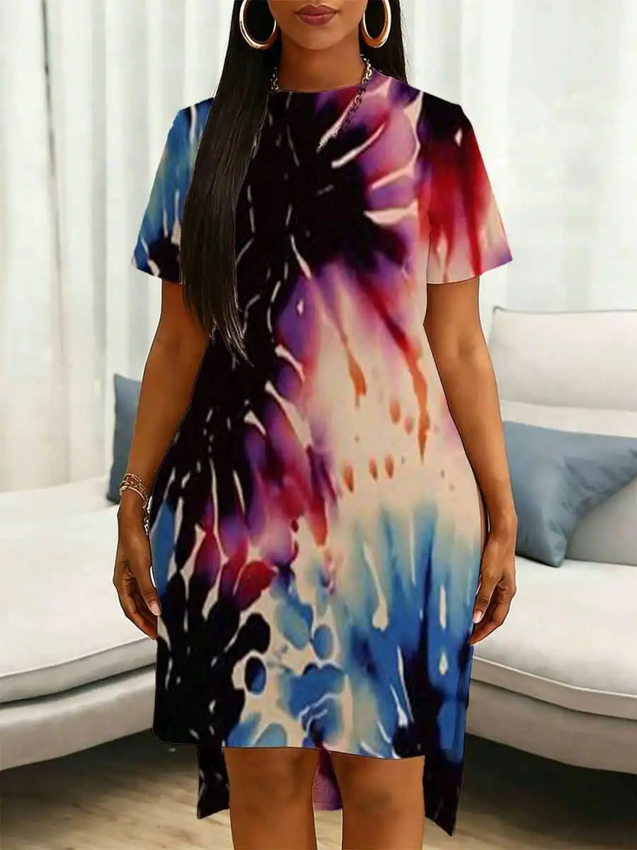 

Colorful Abstract Print Short Sleeve Dress With Side Slit For Party Festival