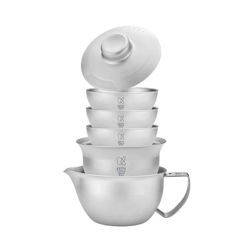 KEITH Portable Pure Titanium Travel Tea Set, Ultralight Stackable Tableware for Camping, Travel, Home & Office