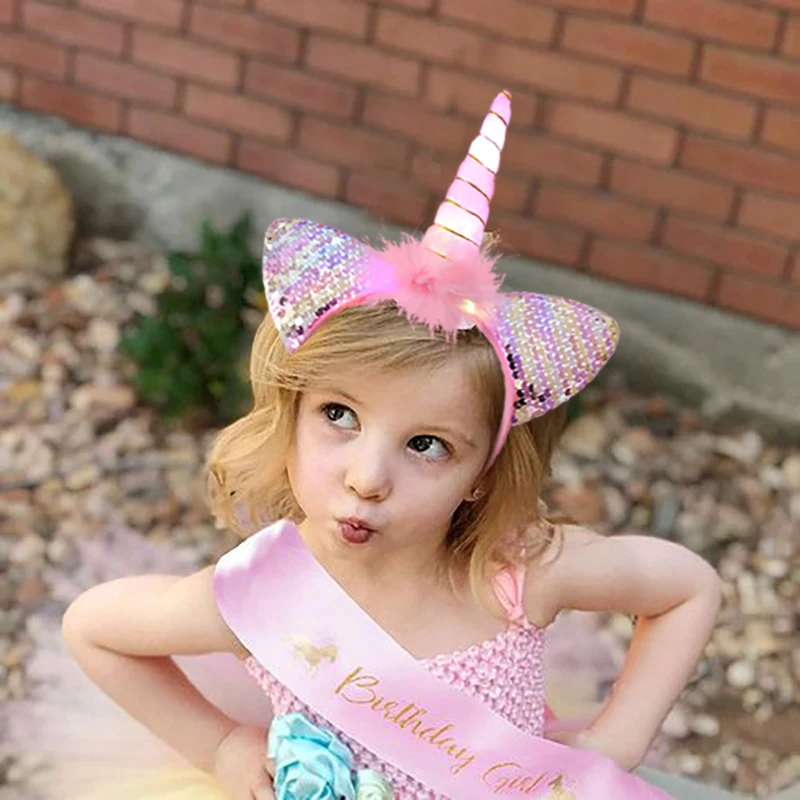 LED Light Unicorn Headband Kids Girl Birthday Cartoon Headwear Hair Accessories Rainbow Unicorn Theme Party Decoration Supplies