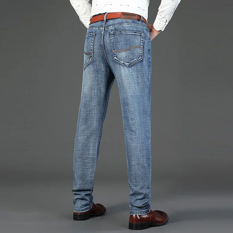 Celana Jeans Pria Musim Gugur Musim Dingin Hangat Berbulu Tebal Berlapis Fleece Vintage Denim Klasik Slim Fit untuk Sehari-hari
