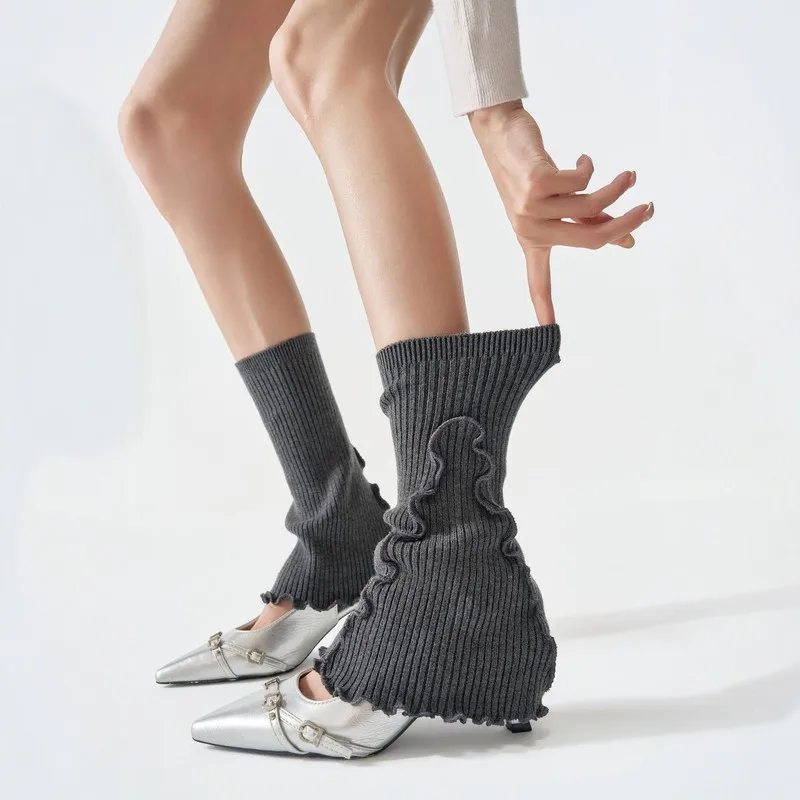 Vintage Ruffled Knit Leg Warmers for Women, Fall Winter Fuzzy Rabbit Hair Blend, Slim Fit Calf Socks, Versatile JK Style