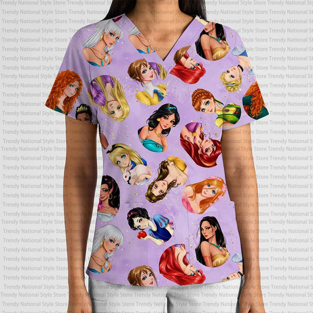 T-shirt de travail pour femmes, série Disney Princess, imprimé, col en V, poche, finition givrée, pour hôpital, clinique, dentiste