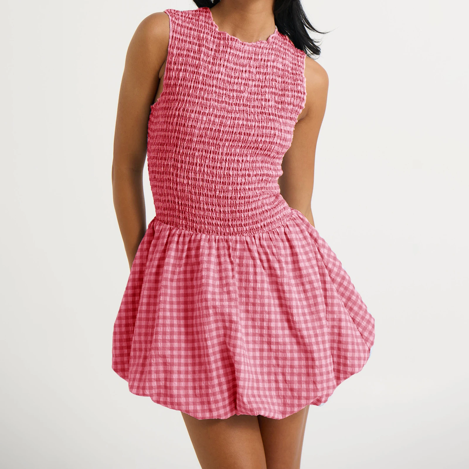 Nowa moda damska sukienka w kratkę w kratkę, marszczona, wokół szyi, bez rękawów, Mini sukienka bąbelkowa na codzienną imprezę klubową S-XL