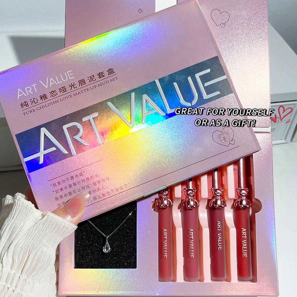 ART VALUE 4 قطعة ملمع الشفاه السائل أحمر الشفاه دائم ترطيب مرآة لوضع مساحيق التجميل الشفاه الصقيل مجموعة مع قلادة الشفاه تينت ماكياج الجمال #2