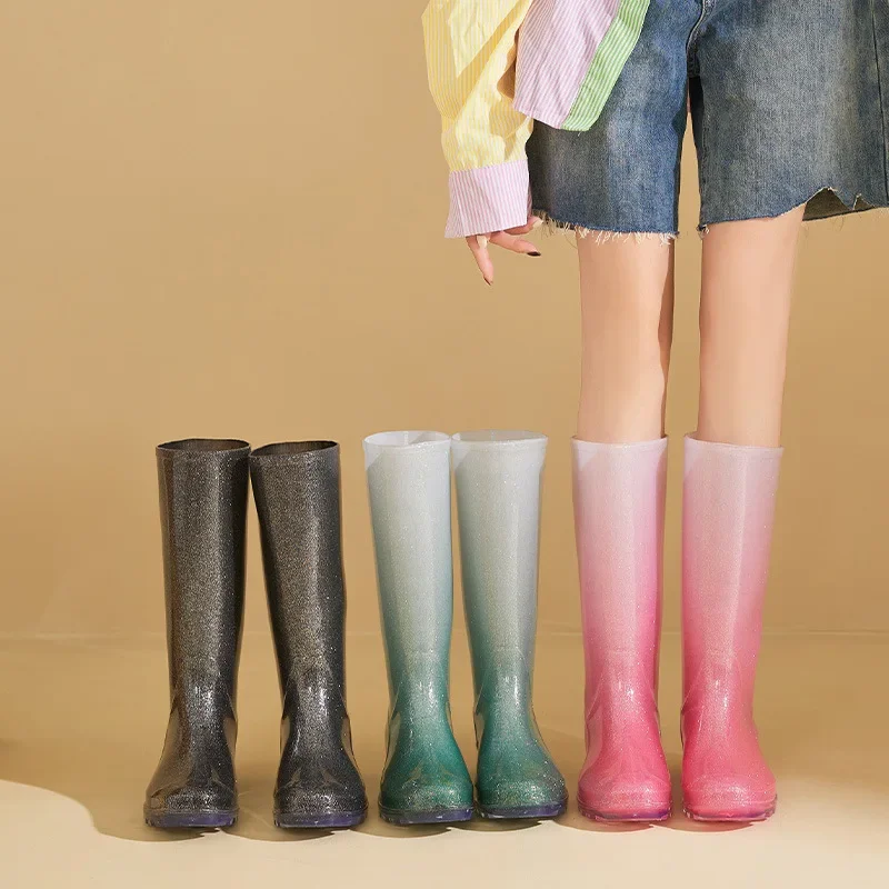 New Women Fashion Knee-high PVC Rain Boots Female Crystal Slip-on Rainboots Outdoor Woman Water Shoes Wellies Boots