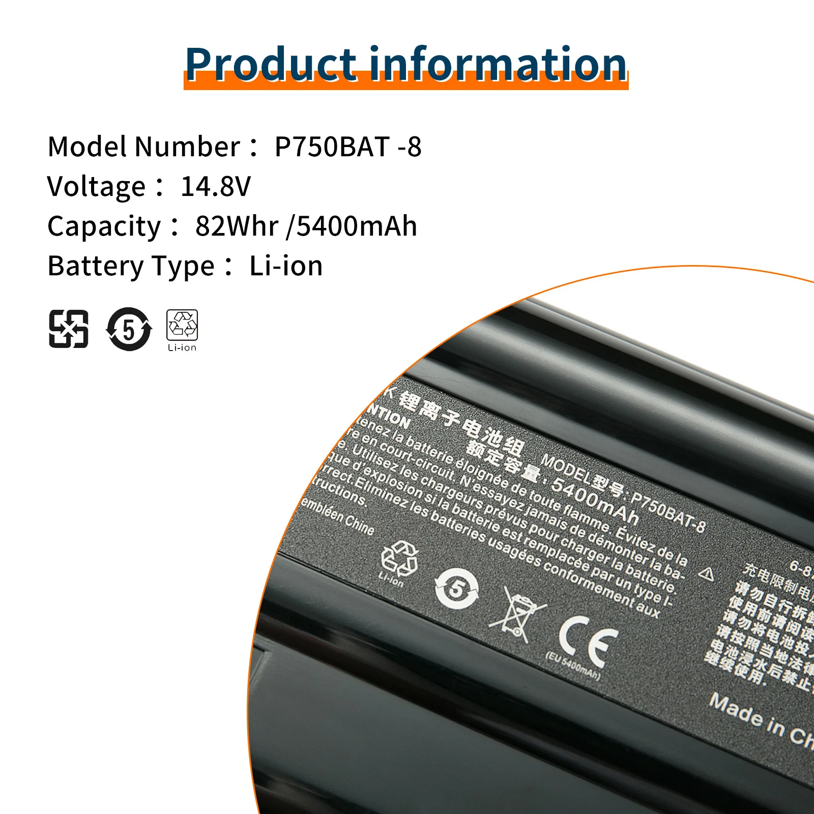 P750BAT-8 Battery for Clevo P750 P750ZM P750S P751 P751ZM P751DM for Terrans Force X599 X799 6-87-P750S-4271 82WH