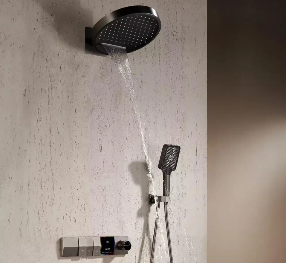 Multifunction gunmetal gray Thermostatic Bathroom Shower Faucet Concealed Rainfall Shower Faucet Ceiling Black Bath Shower Mixer