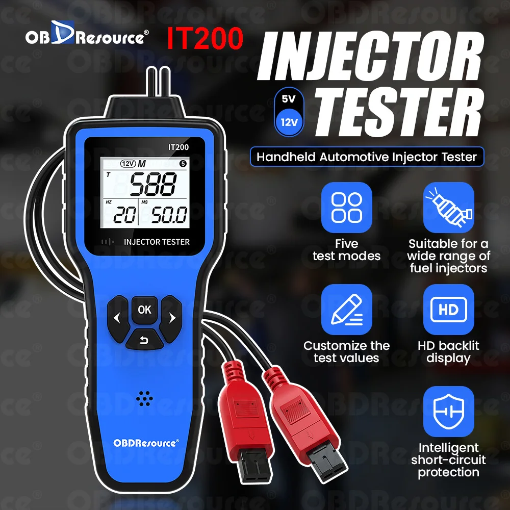 

OBDResource IT200 Automotive Dual Injector Tester 5V/12V Voltage Injector Tester 5 Test LED Screen Display Data Diagnostic Tool