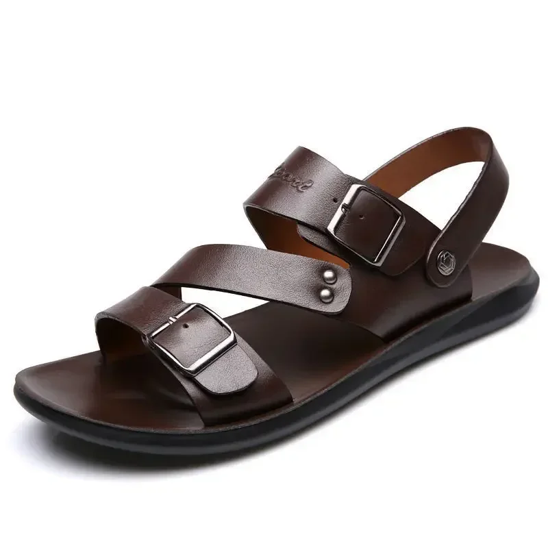 

Fashion Comfortable Men's Sandals Solid Color Open Toe Mens Leather Sandals 2023 New Slippers Beach for Male Leather Footwear