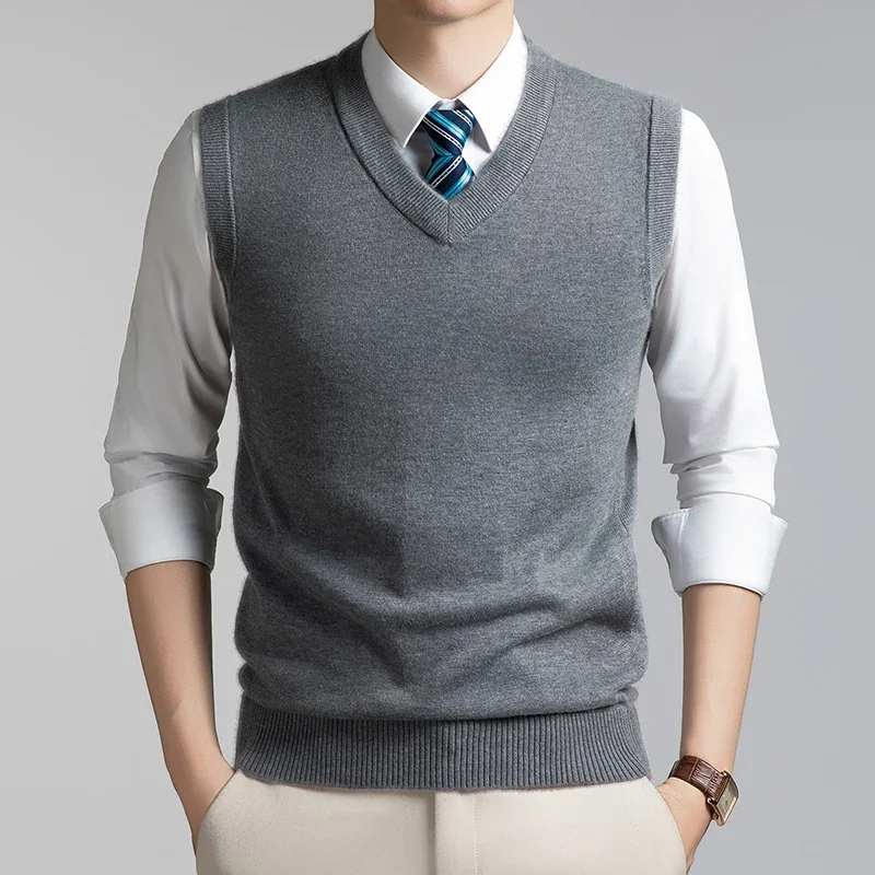 Mens V Neck Solid Knitted Vest Sleeveless Sweater Waistcoat Business Casual Slim Fit Pullover Tank Top Winter Warm Knitwear view 4