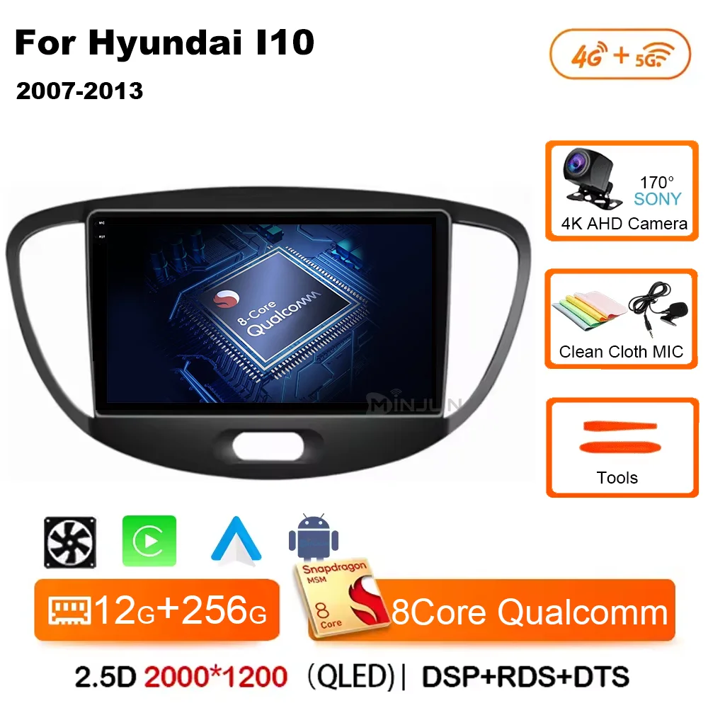 Android 15 CarPlay Auto Qualcomm Autoradio Voor Hyundai i10 2007 2008 2009 2010 2011 2012 2013 GPS Multimedia Speler stereo