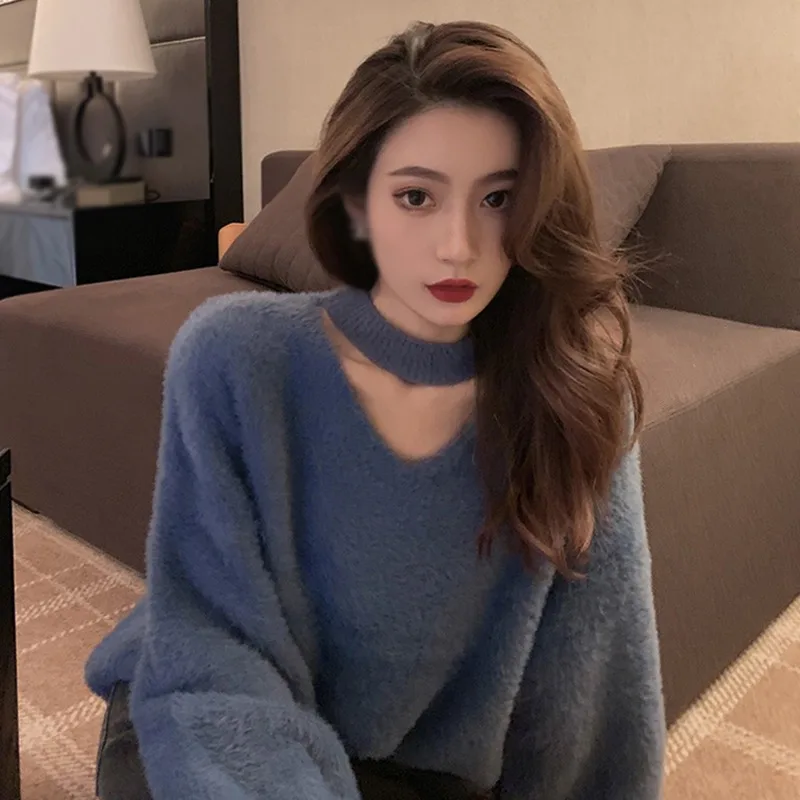 Korean Sweater Women\'s Pullover Worn Outside Autumn Winter Imitated Mink Fur Hanging Neck Solid Color