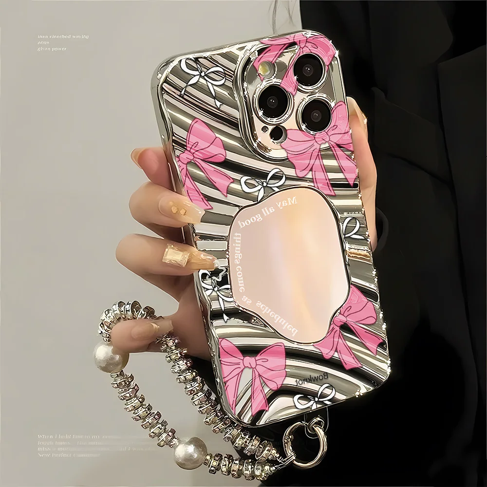 Pink Bowknot Silver Mirror Phone Case For iPhone 17 Pro Case iPhone 13 14 12 11 15 16 Pro Max Wave Glossy Cover With Lanyard