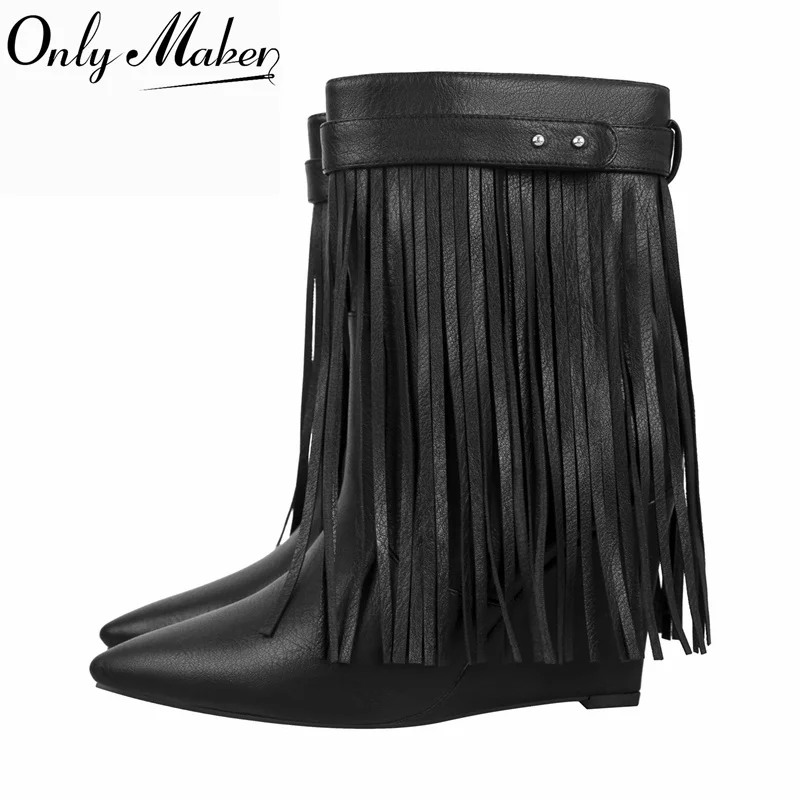 Onlymaker Botas de Mujer de Media Pantorrilla con Punta Puntiaguda y Flecos, de Cuero Sintético Negro, Tacón de Cuña, Correa con Hebilla, Estilo Vaquero Occidental, para Fiesta