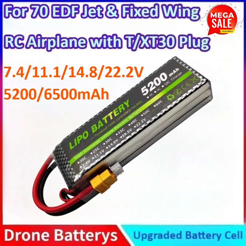 

New 2/3/4/6S 40C 7.4/11.1/14.8/22.2V 5200mAh High Quality Lipo Battery for Fixed Wing RC Airplane & 70 EDF Jet with T/XT30 Plug