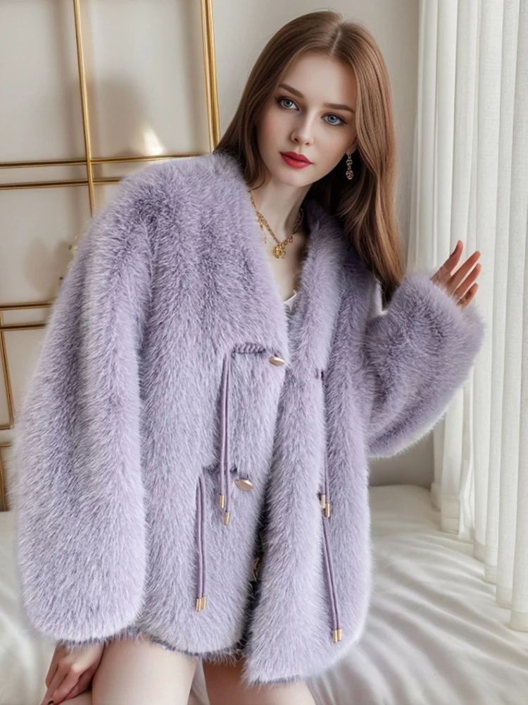 

Lady Elegant Luxury Fur Coat 2023 New Autumn Winter Long Sleeve Horn Button Faux Fur Jacket High Quality Furry Top Outerwear