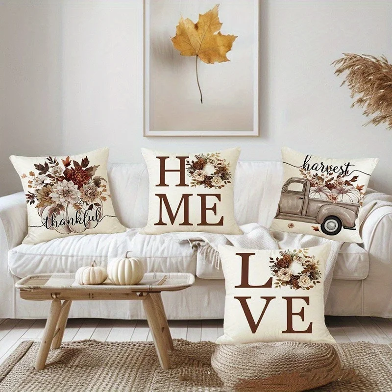 4 Piece Autumn Fall Harvest Throw Pillow Covers Set Thanksgiving Thankful Printed Floral Seasonal Home Decor Cushions Polyester
