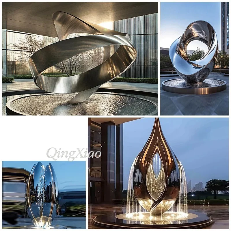 Custom Modern  Stainless Steel Sculpture Large Metal Art Statue Outdoor Indoor Landscape Ornament Water Feature Fountain