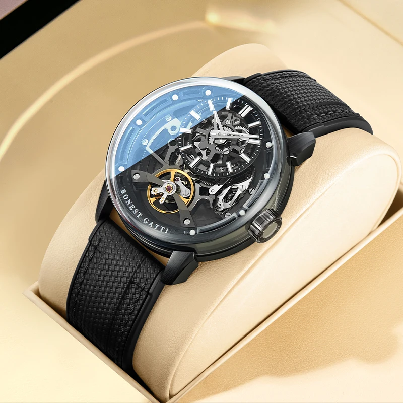 

BONEST GATTI Fashion 3d Skeleton Dial Men's watch Automatic Mechanical Movement Luminous Luxury Watches for Men