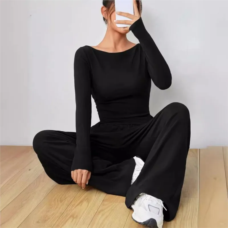 Women\'s Suit Solid Color Long Sleeve Casual Wide Leg Pants Fashion Two Piece Suit Home Clothing