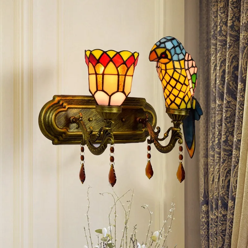 

Yellow Parrot Double Headed Crystal Wall Lamp Tiffany Handmade Stained Glass Shade Interior Decoration Wall Lamp