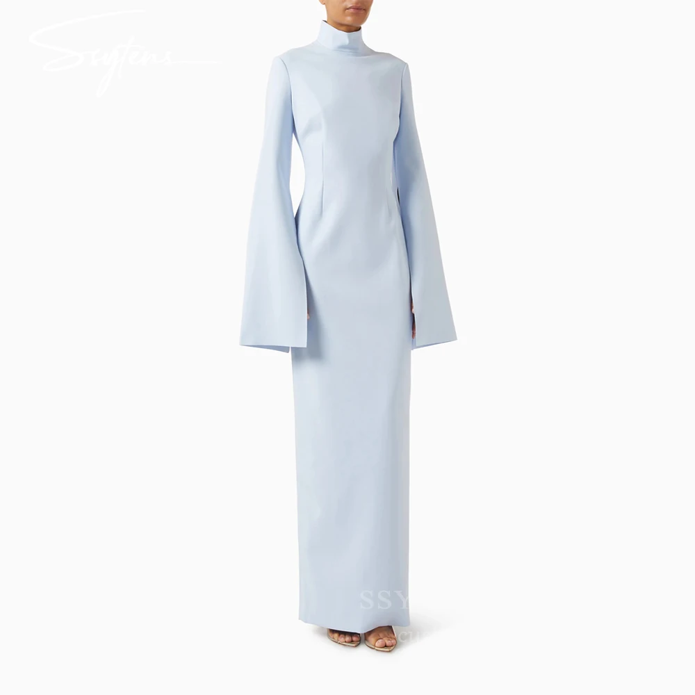 ชุดราตรีสีน้ำเงินแบบสั่งตัดสำหรับแขกงานแต่งงาน แขนยาว คอสูง ทรงยาวแบบเรียบหรู