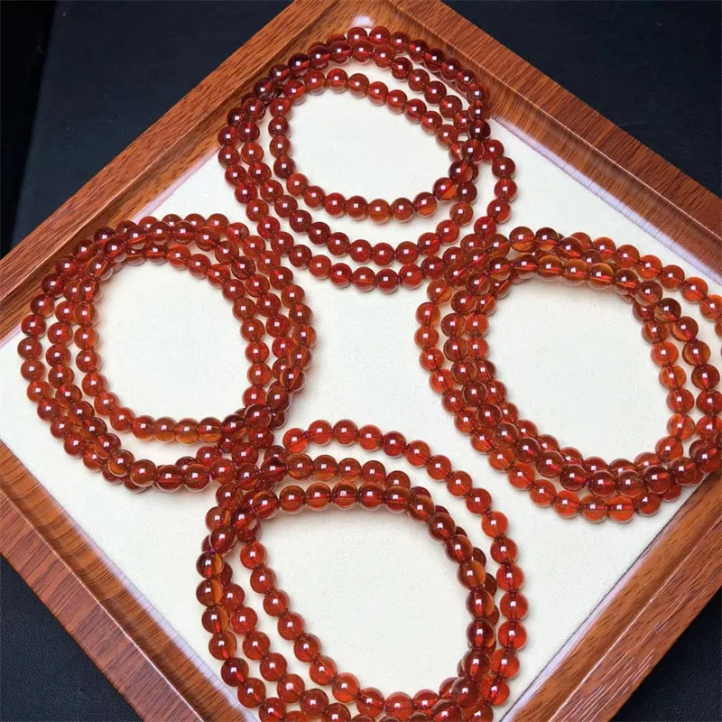 6MM Natural Orange Garnet Triple Circle Bracelet Crystal Smooth Round Beads For Jewelry Making Holiday Gift