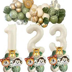 19PCS Jungle Animal Balloon Tower With Milk White Number Balloon Monkey Lion Foil Balls For Kids Jungle Birthday Party Decor