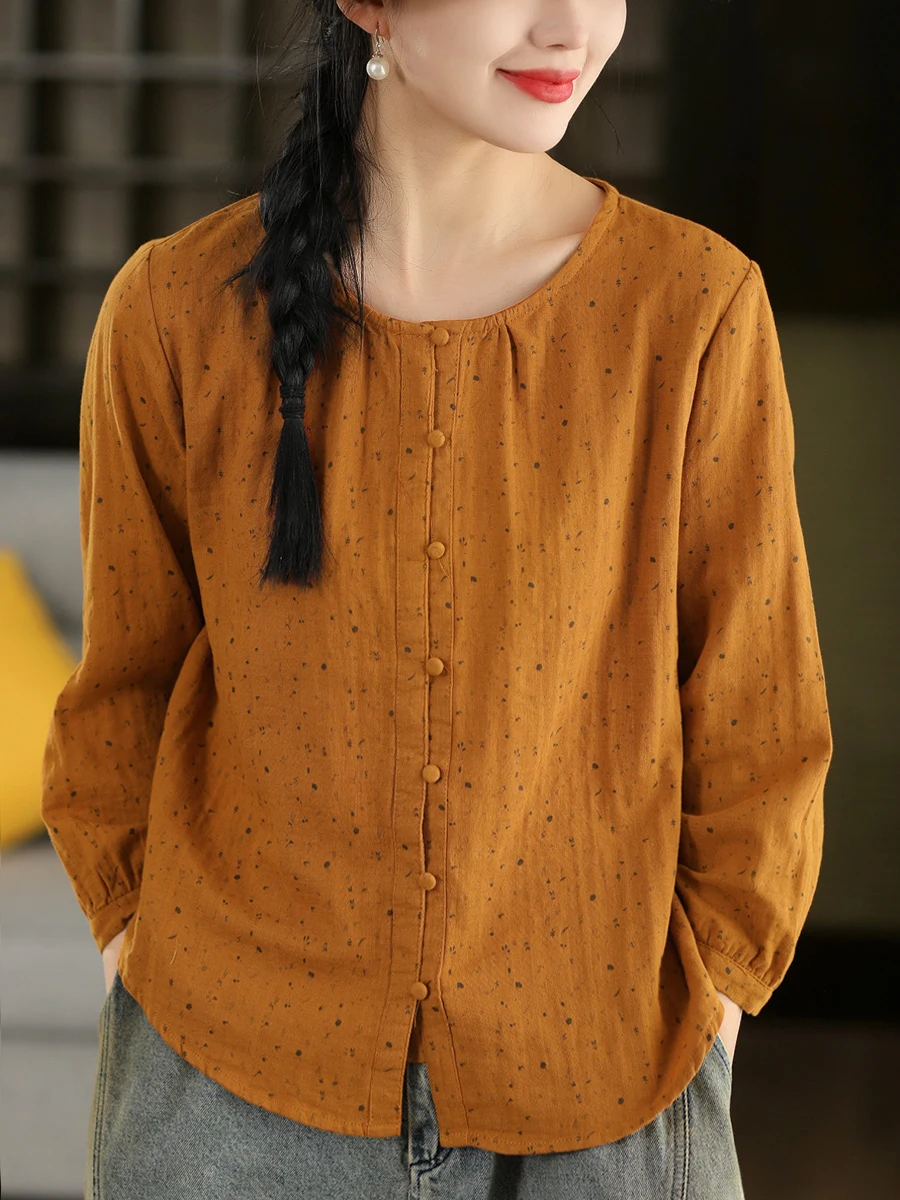 

Ретро-стиль: хлопковая рубашка из весенней коллекции с цветочным принтом, на одной пуговице, свободного кроя, дышащая, комфортная, с круглым вырезом, для женщин.