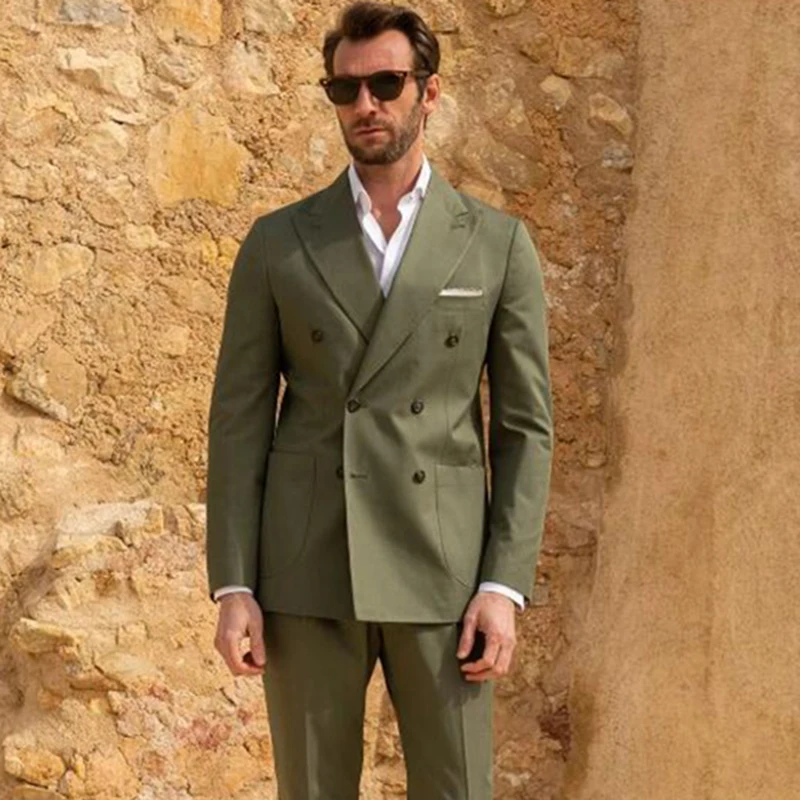 Latest Design Green Double Breasted Men Suit 2 Piece Sets Costume Homme Groom Tuxedo Formal Party Prom Business Blazer Pants Set