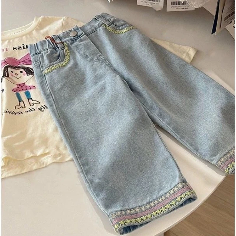 

2025 Autumn New Style Children's Lace Embroidery Elastic Waist Light Color Cotton Jeans
