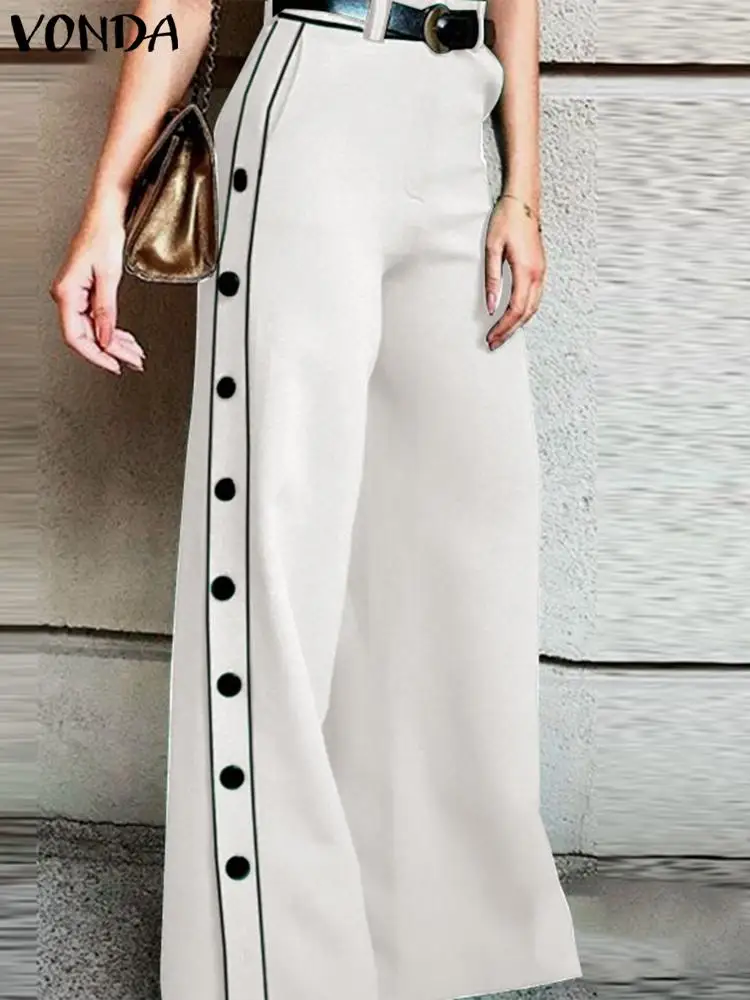 VONDA Elegant Wide Leg Pants 2024 Women Summer Side Buttons Down Fashion Long Pantalon Casual Solid High Waist Zipper Trousers