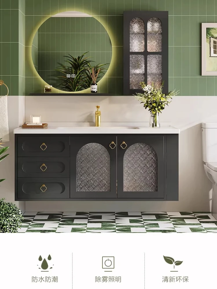 

Light luxury French oak lacquered bathroom cabinet ceramic integrated basin washbasin cabinet combination