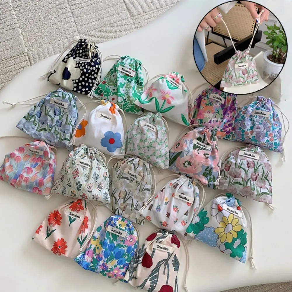 Women Cloth Floral Bag Wallet Kawaii Cute Coin Purse Storage Bag Travel Cosmetic Bag Drawstring Bag