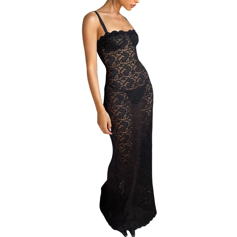 Women's Lace Split Long Dress Sexy Sleeveless Slim Fit Black Dress Summer Solid Color Cocktail Party Dress Zip Back Cami Dress