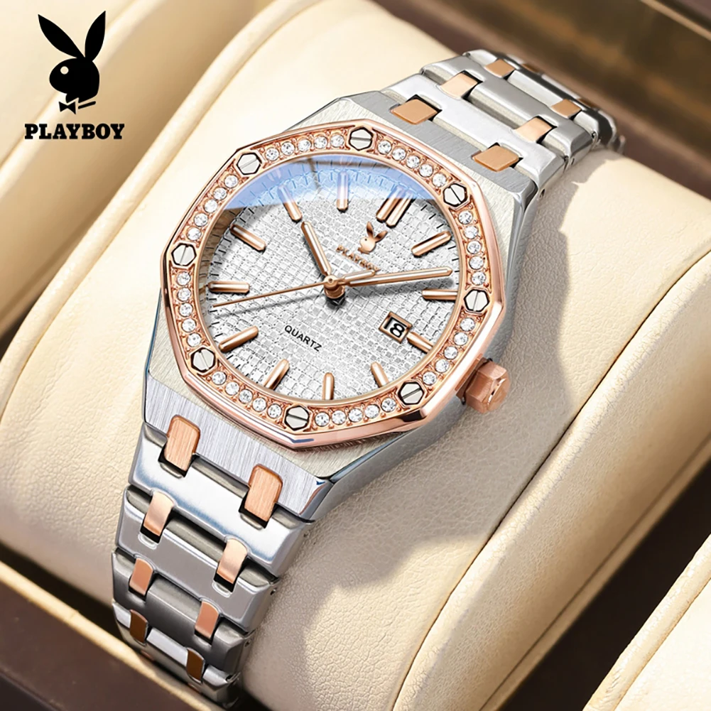 

Роскошные кварцевые часы PLAYBOY для женщин, водонепроницаемые часы из нержавеющей стали с бриллиантовым безелем, хронограф с автоматической датой, женские деловые часы 3526