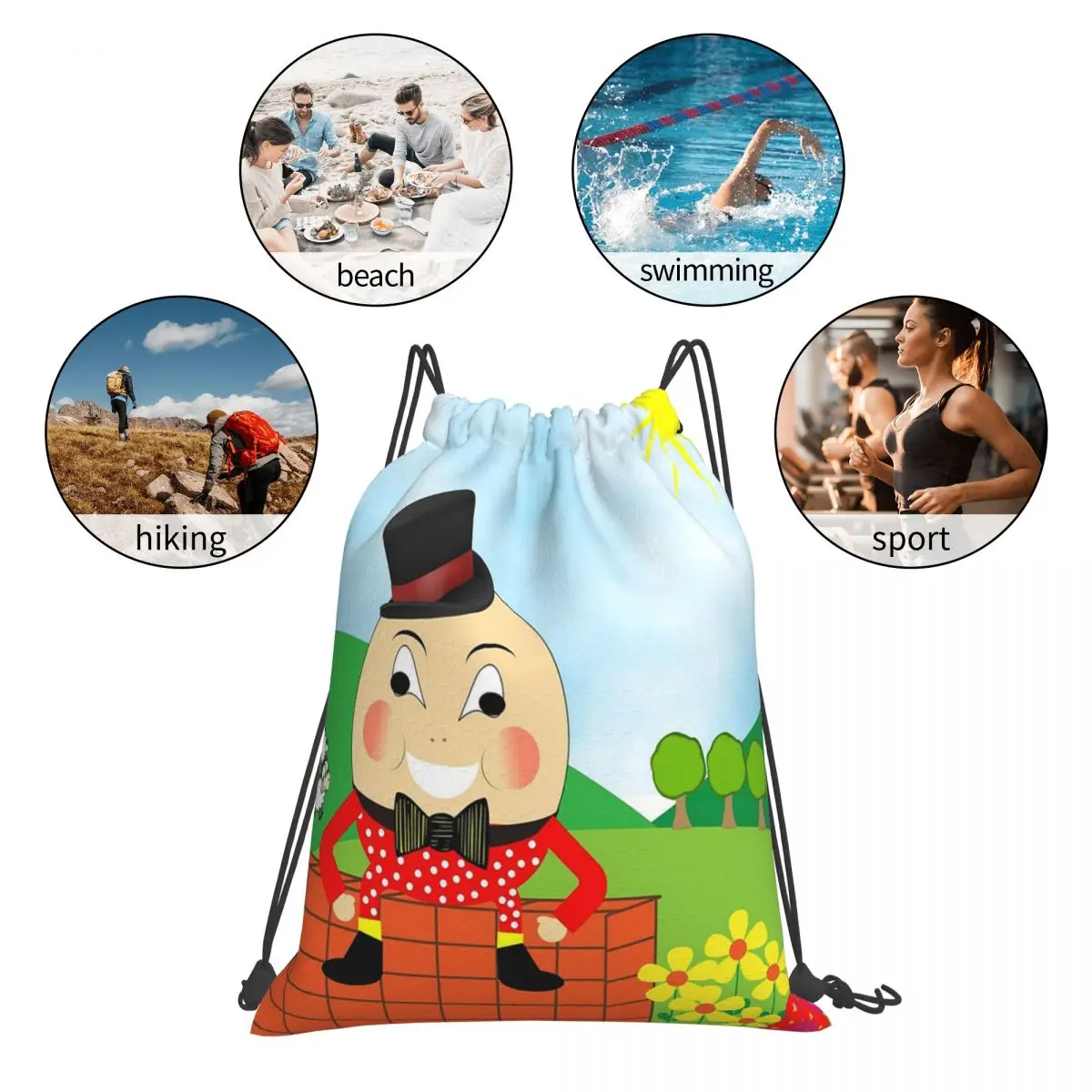 Sac à dos à thème mignon Humpty Dumpty pour enfants, sacs à cordon de proximité, sac de sport à poches groupées, sac à livres pour hommes et femmes