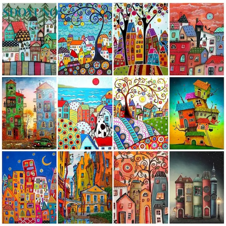 SDOYUNO Diy Pictures By Number Color Houses Drawing On Canvas HandPainted Paintings Gift Kits Oil Painting By Numbers Home Decor